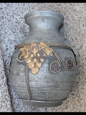 Vintage Tuscany Gray Pottery Vase with Gold Grape Wrapped Accent